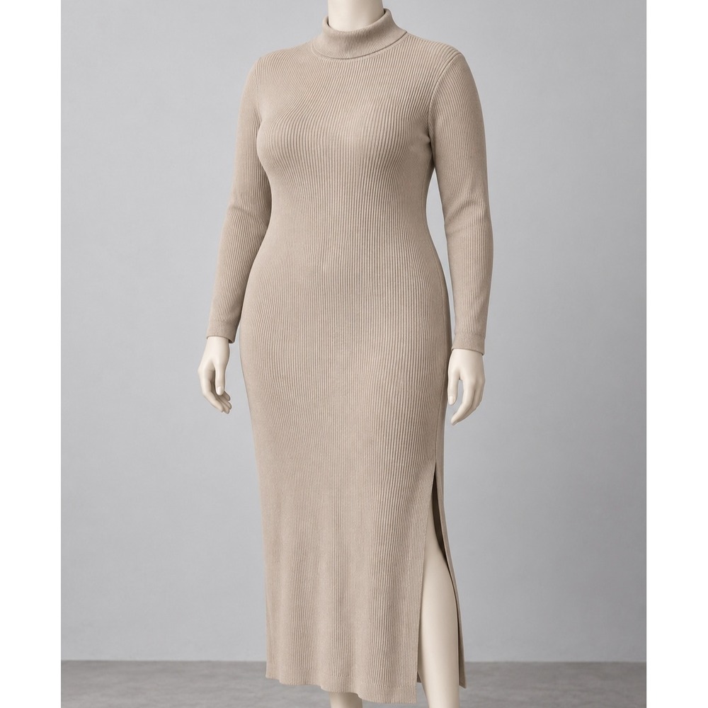 Forever 21 Khaki Ribbed Knit Mock Neck Long Sleeve Midi Dress Side Slit Large